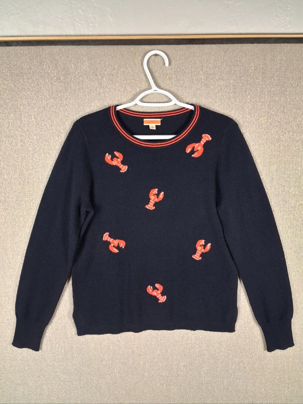 J.Crew 100% Cashmere Lobster Print Sweater Womens Medium Navy Blue Long Sleeve